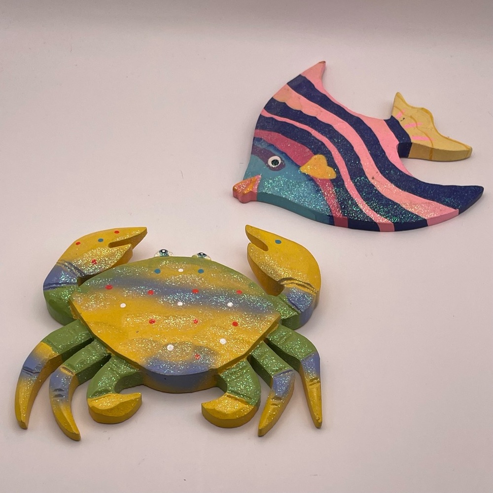 Coastal Glam Wall Art Set Beachcombers Glitter Crab & Tropical Fish Hand Painted